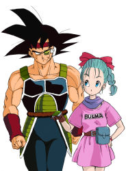 Rule 34 | 1boy, 1girl, alternate universe, armor, bardock, black eyes, blue eyes, blue hair, bow, bulma, clenched hand, clenched hands, clothes writing, collarbone, dragon ball, dragonball z, gloves, hair bow, hand on own hip, headband, hip focus, holding, mackenrow 1220, mcenroe, monkey tail, muscular, pouch, radar, scar, scouter, simple background, spiked hair, tail, watch, white background, wristband