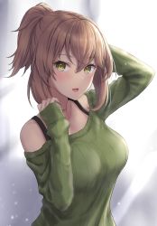 Rule 34 | 1girl, adjusting hair, alternate hairstyle, black bra, blurry, blurry background, blush, bra, bra strap, breasts, collarbone, green eyes, green sweater, highres, kantai collection, large breasts, long sleeves, looking at viewer, monoku, mutsu (kancolle), off shoulder, open mouth, ponytail, short hair, sleeves past wrists, solo, sweater, underwear