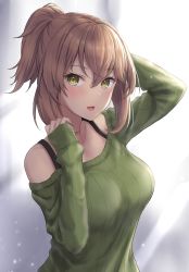 1girl adjusting_hair alternate_hairstyle black_bra blurry blurry_background blush bra bra_strap breasts collarbone green_eyes green_sweater highres kantai_collection large_breasts long_sleeves looking_at_viewer monoku mutsu_(kancolle) off_shoulder open_mouth ponytail short_hair sleeves_past_wrists solo sweater underwear