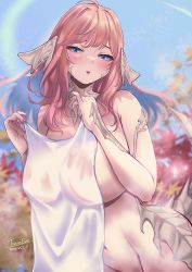 Rule 34 | 1girl, au ra, bare shoulders, blue eyes, blush, breasts, covering privates, dragon girl, dragon horns, dragon tail, final fantasy, final fantasy xiv, horns, large breasts, light brown hair, long hair, looking at viewer, naked towel, navel, nude cover, open mouth, scales, solo, tail, tinnies, towel, warrior of light (ff14)
