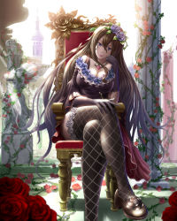 Rule 34 | 1girl, absurdres, arm support, bare shoulders, blue eyes, breasts, brown hair, head rest, cleavage, column, elbow gloves, fishnets, flower, fujifuji924, gloves, granblue fantasy, hair between eyes, hand on own knee, highres, jewelry, large breasts, crossed legs, lips, long hair, looking at viewer, pillar, plant, rose, rosetta (granblue fantasy), smile, smirk, solo, statue, strapless, thighhighs, thighs, throne, very long hair, vines
