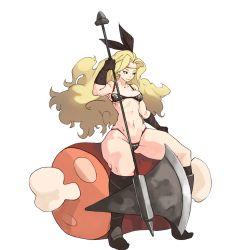 Rule 34 | 1girl, abs, amazon (dragon&#039;s crown), armor, axe, bikini, bikini armor, blonde hair, boots, breasts, circlet, cleavage, dragon&#039;s crown, food, meat, navel, sitting, solo, stomach, swimsuit, thick thighs, thighs, toned, vins-mousseux, weapon