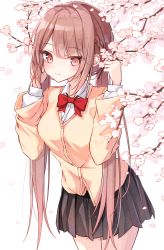 Rule 34 | 1girl, bad id, bad pixiv id, beliatan, black skirt, blush, bow, bowtie, braid, brown hair, cardigan, cherry blossoms, collared shirt, commentary, hands up, highres, long hair, looking at viewer, original, pink eyes, pleated skirt, red bow, red bowtie, school uniform, shirt, sidelocks, skirt, smile, solo, standing, symbol-only commentary, twintails, very long hair, white shirt, yellow cardigan