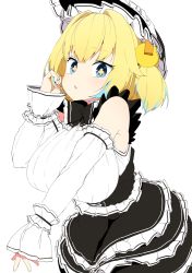 Rule 34 | 1girl, alternate costume, aqua hair, blonde hair, blue eyes, blush, bombergirl, bow, bowtie, breasts, detached sleeves, dress, enmaided, fang, frilled dress, frills, grenade hair ornament, hair ornament, huge breasts, maid, maid headdress, multicolored hair, pine (bombergirl), short hair, simple background, sleeves past wrists, solo, symbol-shaped pupils, tottotonero, two-tone hair, white background, yellow pupils