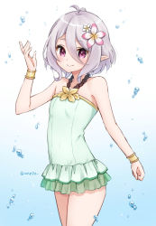 Rule 34 | 1girl, bad id, bad pixiv id, bare shoulders, blue background, bracelet, flower, frilled swimsuit, frills, gradient background, green one-piece swimsuit, hair between eyes, hair flower, hair ornament, jewelry, kokkoro (princess connect!), kokkoro (summer) (princess connect!), looking at viewer, one-piece swimsuit, pink eyes, pointy ears, princess connect!, short hair, silver hair, solo, swimsuit, yumoran