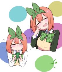 Rule 34 | 1girl, black jacket, blazer, blush, breasts, cellphone, closed eyes, closed mouth, collared shirt, commentary request, cropped torso, eyebrows hidden by hair, facing viewer, flying sweatdrops, go-toubun no hanayome, green ribbon, hair between eyes, hair ribbon, hand up, hands up, head tilt, highres, holding, holding phone, jacket, kujou karasuma, long sleeves, medium breasts, multiple views, nakano yotsuba, open clothes, open jacket, open mouth, phone, ribbon, shirt, signature, sweater vest, upper body, wavy mouth, white background, white shirt