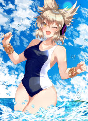 Rule 34 | 1girl, ;d, air bubble, bare arms, bare shoulders, blue sky, blue one-piece swimsuit, bracelet, breasts, bubble, cloud, day, hair between eyes, headphones, jewelry, kurokan (kokkyou oudan), lens flare, light brown hair, looking at viewer, medium breasts, medium hair, one-piece swimsuit, one eye closed, open mouth, outdoors, pointy hair, school swimsuit, sky, smile, solo, standing, summer, swimsuit, touhou, toyosatomimi no miko, water, yellow eyes