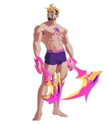 Rule 34 | 1boy, abs, barefoot, beard, blonde hair, collarbone, draven, facial hair, full body, grin, highres, holding, holding weapon, league of legends, looking at viewer, male focus, male underwear, muscular, muscular male, navel, purple male underwear, simple background, smile, solo, soul fighter draven, standing, star (symbol), star print, star tattoo, stomach, tattoo, teeth, underwear, underwear only, weapon, white background, zen (ceng84539076)