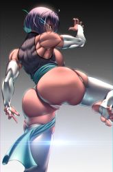 Rule 34 | 1girl, alternate costume, anima (togashi), aqua hair, back muscles, black hair, breasts, breasts out, dark-skinned female, dark skin, fingernails, highres, huge breasts, kicking, long glove, muay thai, multicolored hair, muscular, muscular female, nephtys (anima), spread legs, thick thighs, thighs, tight clothes, yellow eyes