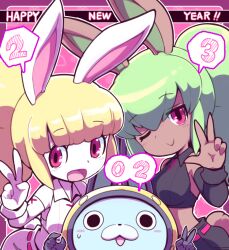 Rule 34 | 2023, 2girls, animal ears, blonde hair, breasts, bunny mint, chinese zodiac, english text, green hair, happy new year, high ponytail, long hair, looking at viewer, medium breasts, midriff, multiple girls, new year, nollety, one eye closed, open mouth, pink eyes, rabbit ears, rabbit tail, smile, snowrabby, tail, usapyon, v, year of the rabbit, youkai (youkai watch), youkai watch