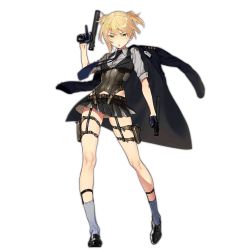 Rule 34 | 1girl, blonde hair, bolt action, buttoned cuffs, buttons, corset, dual wielding, full body, girls&#039; frontline, gloves, green eyes, gun, handgun, holding, holster, integral suppressor, integrally-suppressed firearm, jacket, jacket on shoulders, military, military jacket, military uniform, necktie, official art, parted lips, pistol, short twintails, skindentation, skirt, solo, suppressor, thigh holster, transparent background, trigger discipline, twintails, uneven twintails, uniform, ushi (newrein), weapon, welrod, welrod mk ii, welrod mkii (girls&#039; frontline)