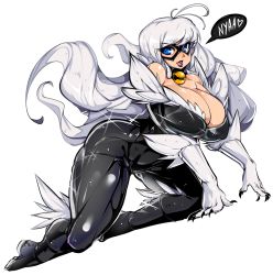 Rule 34 | 1girl, all fours, animification, bad id, bad tumblr id, bare shoulders, bell, black cat (marvel), black lips, blue eyes, bodysuit, breasts, claws, collar, domino mask, felicia hardy, female focus, full body, highres, huge breasts, lipstick, long hair, looking at viewer, makeup, marvel, mask, neck bell, nyan, shiny clothes, simple background, skin tight, slugbox, smile, solo, spider-man (series), white background, white hair