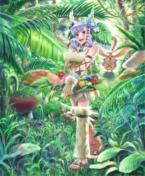 Rule 34 | 1girl, :d, alternate costume, apple, beco, flower, food, forest, fruit, gloves, grass, hair flower, hair ornament, head wings, jewelry, leaf, looking at viewer, melia antiqua, midriff, mushroom, nature, necklace, nintendo, open mouth, plant, riki (xenoblade), sandals, silver hair, smile, tree, vest, walking, wings, xenoblade chronicles (series), xenoblade chronicles 1