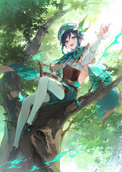 Rule 34 | 1boy, aqua eyes, arm up, bard, black hair, braid, brown footwear, commentary request, dsmile, genshin impact, gradient hair, green headwear, green shorts, harp, highres, instrument, loafers, long sleeves, multicolored hair, pantyhose, resolution mismatch, shoes, shorts, sitting, solo, source smaller, tree, twin braids, venti (genshin impact), white pantyhose