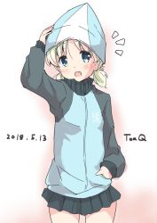 Rule 34 | 1girl, aki (girls und panzer), alternate eye color, artist name, blue eyes, blue hat, blue jacket, blue skirt, blush, commentary, cosplay, cowboy shot, dated, emblem, girls und panzer, hand in pocket, hand on headwear, hat, jacket, keizoku military uniform, light blush, light brown hair, long sleeves, looking at viewer, mika (girls und panzer), mika (girls und panzer) (cosplay), military, military uniform, miniskirt, notice lines, one-hour drawing challenge, open mouth, pleated skirt, raglan sleeves, short hair, short twintails, skirt, smile, solo, standing, tom q (tomtoq), track jacket, twintails, uniform