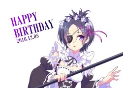 Rule 34 | 1girl, birthday, blush, breasts, chrome dokuro, cleavage, commentary request, dress, eyepatch, happy birthday, katekyo hitman reborn!, looking at viewer, purple eyes, purple hair, short hair, simple background, solo, weapon, white background