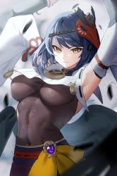 Rule 34 | 1girl, armpits, arms up, black wings, blue hair, blurry, blurry foreground, bodystocking, breasts, closed mouth, covered navel, detached sleeves, feathers, genshin impact, highres, ichibi, japanese clothes, kujou sara, large breasts, looking at viewer, low wings, mask, mask on head, obi, ribbon, sash, short hair, solo, swept bangs, tassel, tengu mask, v-shaped eyebrows, vision (genshin impact), wings, yellow eyes, yellow ribbon