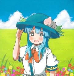 Rule 34 | 1girl, alison (alison airlines), bad id, bad pixiv id, blue hair, blush, flower, food, fruit, grass, hat, hinanawi tenshi, holding, holding clothes, holding hat, long hair, open mouth, peach, solo, touhou