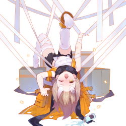 Rule 34 | 1girl, absurdres, bare arms, bare shoulders, benghuai xueyuan, bike shorts, black shorts, blush, bottle, bound, breasts, broken horn, brown eyes, brown hair, cape, commentary request, full body, highres, honkai (series), horns, knee up, leg up, long hair, lying, no shoes, nose blush, on back, one eye closed, open mouth, orange cape, ribbon, ribbon bondage, sarashi, short shorts, shorts, small breasts, soles, solo, tears, thighhighs, torn clothes, torn shorts, tsubasa tsubasa, white background, white ribbon, white thighhighs