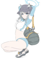 Rule 34 | 1girl, absurdres, animal ear fluff, animal ears, arms behind head, ass, bag, bikini, black footwear, black hat, blue archive, blue bikini, blue halo, breasts, bright pupils, bucket hat, chin strap, closed mouth, commentary, cosplay, duffel bag, ears through headwear, english commentary, flat color, from side, full body, grey bag, grey hair, halo, hat, highres, long sleeves, looking at viewer, looking back, masabodo, medium breasts, medium hair, mismatched pupils, platform footwear, raglan sleeves, rash guard, saki (blue archive), saki (blue archive) (cosplay), saki (swimsuit) (blue archive), sandals, shiroko (blue archive), simple background, smile, solo, sports bikini, squatting, stomach, swimsuit, thighs, tiptoes, two-tone bikini, white background, white bikini, wolf ears, zipper, zipper pull tab