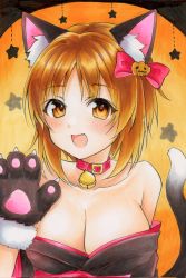 Rule 34 | 1girl, :d, airi (akamichiaika), animal collar, animal ears, animal hands, bare shoulders, bell, black gloves, black kimono, bow, breasts, brown eyes, brown hair, cat ears, cat tail, cleavage, collar, girls und panzer, gloves, hair bow, hair ornament, halloween, halloween costume, highres, jack-o&#039;-lantern, jack-o&#039;-lantern hair ornament, japanese clothes, jingle bell, kimono, marker (medium), medium breasts, neck bell, nishizumi miho, off shoulder, open mouth, paw gloves, red bow, red collar, short hair, smile, solo, star (symbol), tail, traditional media, upper body, waving