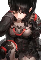 Rule 34 | 1girl, armor, black gloves, black hair, bodysuit, breasts, eyes visible through hair, gloves, hand on own head, jacket, kfr, looking at viewer, medium breasts, open clothes, open jacket, open mouth, original, science fiction, sharp teeth, short hair, shoulder armor, sitting, smartwatch, solo, sweat, teeth, waistcoat, watch, white background, wristwatch