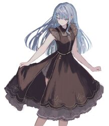 Rule 34 | 1girl, black dress, blue eyes, blue hair, closed mouth, collared dress, dot nose, dress, earrings, feet out of frame, flower, frilled dress, frilled sleeves, frills, hair flower, hair ornament, highres, hip vent, hololive, hoshimachi suisei, hoshimachi suisei (maid), jewelry, long dress, long hair, looking at viewer, mametarou (mameji), official alternate costume, short sleeves, side slit, sidelocks, simple background, smile, solo, standing, virtual youtuber, white background