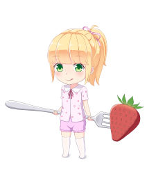 Rule 34 | 1girl, :p, abwan, blush, brown hair, chibi, closed mouth, collared shirt, dress shirt, food, fork, frilled shorts, frills, fruit, full body, green eyes, hair ribbon, heart, heart print, highres, holding, holding fork, looking at viewer, mini person, minigirl, no shoes, original, oversized object, pink ribbon, pink shirt, pink shorts, ponytail, print shirt, ribbon, shadow, shirt, short shorts, short sleeves, shorts, sidelocks, smile, solo, standing, strawberry, thighhighs, tongue, tongue out, white background, white thighhighs
