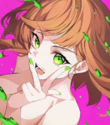 Rule 34 | 1girl, absurdres, breasts, brown hair, collarbone, commentary, crystalherb, fingernails, green eyes, green nails, highres, looking at viewer, medium breasts, nail polish, nude, open mouth, original, pink background, short hair, simple background, solo, symbol-only commentary, teeth, upper body