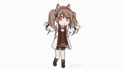 Rule 34 | 1girl, :&lt;, angelina (arknights), animal ears, animated, animated gif, arknights, blush stickers, boots, brown footwear, brown hair, brown shirt, brown shorts, chibi, clenched hands, dancing, fox ears, hairband, long sleeves, looking at viewer, outstretched arms, pani poni dash!, red eyes, red hairband, roulette roulette, shirt, shorts, sidelocks, simple background, solo, twintails, white background, yin qiuran
