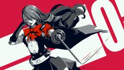 Rule 34 | 1girl, belt, black cape, black gloves, bow, buttons, cape, commentary, eightyfourart, gloves, highres, holding, holding sword, holding weapon, kirijou mitsuru, long hair, persona, persona 3, persona 3 reload, rapier, red bow, red eyes, solo, sword, weapon