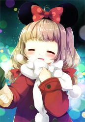 Rule 34 | 1girl, :d, ^ ^, blush, bow, brown hair, closed eyes, coat, hair bow, hands up, higanbana no saku yoru ni, holding hands, kusunoki midori, long hair, long sleeves, mickey mouse ears, open mouth, out of frame, polka dot, polka dot bow, pom pom (clothes), red bow, red coat, sakurazawa izumi, scarf, sleeves past wrists, smile, solo focus, upper body, white bow, white scarf