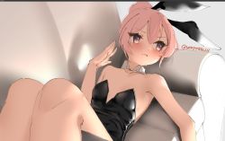 Rule 34 | 1girl, animal ears, bare shoulders, black leotard, blush, closed mouth, collarbone, couch, detached collar, fake animal ears, frown, hair bun, hand up, leotard, looking to the side, lying, on back, on couch, original, pink eyes, pink hair, playboy bunny, rabbit ears, short hair, simple background, single hair bun, skeptycally, solo, strapless, strapless leotard, white background