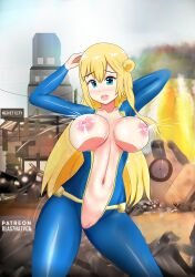 Rule 34 | 1girl, blas7hatvga, blonde hair, bodysuit, breasts, breasts out, censored, enome, explosion, fallout (series), fallout 3, futoku no guild, highres, lactation, large breasts, mosaic censoring, navel, nipples, pussy, reverse outfit, self-upload, solo, wreckage