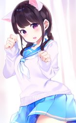 Rule 34 | 1girl, animal ear fluff, animal ears, blue sailor collar, blue skirt, brown hair, cat ears, chikuwa., commentary request, curtains, hair over shoulder, head tilt, highres, long hair, long sleeves, looking at viewer, low twintails, neckerchief, open mouth, original, pleated skirt, red eyes, sailor collar, school uniform, serafuku, sidelocks, skirt, sleeves past wrists, solo, sweater, twintails, white neckerchief, white sweater