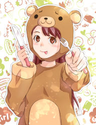 Rule 34 | 1girl, :p, animal costume, bear costume, blush, fork, kinoebi, knife, long hair, original, outline, red eyes, red hair, smile, solo, tongue, tongue out