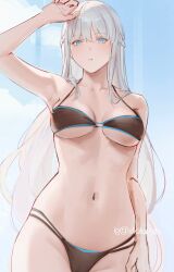 Rule 34 | 1girl, alternate costume, alternate hairstyle, bikini, black bikini, blue eyes, blush, braid, breasts, cleavage, collarbone, commentary, english commentary, fate/grand order, fate (series), french braid, grey hair, hair between eyes, highres, large breasts, long hair, looking at viewer, morgan le fay (fate), navel, rifu (643763873), solo, stomach, swimsuit, twitter username