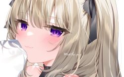 Rule 34 | 1girl, :3, bad id, bad pixiv id, black ribbon, blush, close-up, closed mouth, commentary request, eyelashes, hair ribbon, light brown hair, long hair, looking at viewer, mafuyu (chibi21), original, portrait, purple eyes, ribbon, signature, simple background, solo, white background