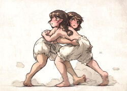 Rule 34 | 2girls, :&lt;, bloomers, blush, braid, breasts, brown eyes, brown hair, commentary, dust, english commentary, frown, ironlily, looking at viewer, medium breasts, multiple girls, navel, ordo mediare sisters (ironlily), pankration, shirt, sideboob, topless, twin braids sister (ironlily), underwear, v-shaped eyebrows, white shirt, wrestling
