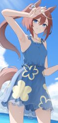 Rule 34 | 1girl, absurdres, alternate costume, anima miko, animal ears, blue dress, blue eyes, brown hair, commentary, dress, from below, high ponytail, highres, horse ears, horse girl, horse tail, jewelry, long hair, looking at viewer, multicolored hair, necklace, ponytail, sleeveless, sleeveless dress, smile, solo, streaked hair, tail, tokai teio (umamusume), two-tone hair, umamusume, v, white hair