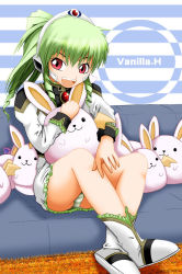 Rule 34 | 00s, 1girl, bare legs, couch, drill hair, galaxy angel, green hair, headgear, military, military uniform, no legwear, non-web source, open mouth, panties, pantyshot, ponytail, rabbit, red eyes, sitting, solo, striped clothes, striped panties, stuffed animal, stuffed rabbit, stuffed toy, underwear, uniform, vanilla h