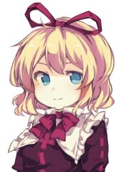 Rule 34 | 1girl, blonde hair, blue eyes, bow, bowtie, closed mouth, commentary request, hair ribbon, joou heika (precare deum), looking at viewer, medicine melancholy, medium hair, red bow, red bowtie, red ribbon, red shirt, ribbon, shirt, simple background, solo, touhou, upper body, white background