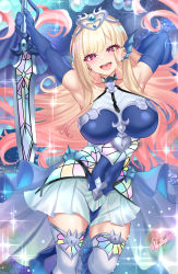 Rule 34 | 1girl, :d, absurdres, armpits, arms up, blonde hair, blue dress, blue gloves, breasts, cosplay, covered navel, dress, elbow gloves, gloves, highres, kitagawa marin, large breasts, looking at viewer, nez-box, open mouth, purple eyes, smile, sono bisque doll wa koi wo suru, sword, tearlaments kitkallos, thighhighs, thighs, weapon, white thighhighs, yu-gi-oh!
