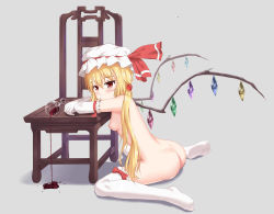 Rule 34 | 1girl, absurdres, alcohol, ass, beads, blonde hair, blush, bow, breasts, chair, cup, demon wings, drink, drinking glass, dripping, elbow gloves, flandre scarlet, frilled hat, frills, from side, gem, glass, gloves, grey background, hair beads, hair ornament, hat, hat ribbon, highres, jewelry, long hair, nipples, nude, red bow, red eyes, red ribbon, reflection, ribbon, simple background, sitting, small breasts, solo, spill, thighhighs, touhou, wariza, white gloves, white thighhighs, wine, wine glass, wings, yiran kuxiao