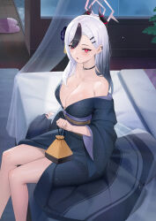 Rule 34 | 1girl, absurdres, alternate breast size, bag, bare shoulders, bed, black choker, black kimono, breasts, choker, ear piercing, flower, hair flower, hair ornament, hairclip, highres, holding, holding bag, horns, japanese clothes, kayoko (blue archive), kayoko (new year) (blue archive), kimono, large breasts, looking at viewer, mato kuroi, mole, mole on collarbone, multicolored hair, obi, on bed, open mouth, piercing, red eyes, sash, sitting, slippers, solo, streaked hair, tassel, tassel hair ornament, thighs, white hair