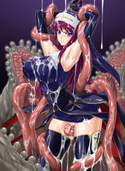 Rule 34 | 1girl, armpits, blue eyes, breasts, cum, elbow gloves, gloves, habit, huge breasts, large breasts, latex, latex gloves, nun, original, purple hair, rindou (radical dream), solo, tentacles, tentacles under clothes, thighhighs, vore