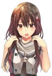 Rule 34 | 1girl, :o, alternate hair length, alternate hairstyle, black neckerchief, blush, brown hair, dress, grey sailor collar, hair between eyes, hair ornament, holding, holding own hair, kantai collection, long hair, looking at viewer, low twintails, neckerchief, open mouth, rinto (rint rnt), sailor collar, sailor dress, sendai (kancolle), sendai kai ni (kancolle), simple background, solo, tassel, twintails, upper body, white background