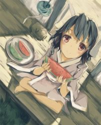 Rule 34 | 1girl, absurdres, animal ears, bad id, bad pixiv id, black hair, blush, rabbit ears, female focus, food, fruit, highres, huanxiang heitu, inaba tewi, japanese clothes, looking at viewer, red eyes, short hair, sitting, sketch, smile, solo, touhou, watermelon