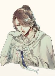 Rule 34 | 1girl, bloodborne, brown hair, collared shirt, commentary request, gloves, grey robe, highres, iosefka, itsuki (itsukiovo), ponytail, robe, shirt, table, white background, white gloves, white shirt