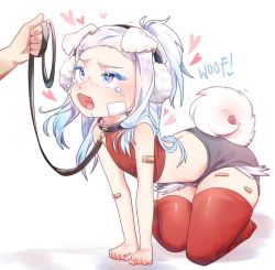Rule 34 | 1boy, all fours, androgynous, animal ears, aqua hair, bandaid, bandaid on arm, bandaid on leg, blue eyes, blush, taigaxholic, collar, commission, crydiaa (artist), dog boy, dog ears, dog tail, exposed pocket, heart, heart-shaped pupils, heart in mouth, highres, holding, holding leash, indie virtual youtuber, leash, long hair, multicolored hair, red legwear, symbol-shaped pupils, tail, thick thighs, thighs, trap, virtual youtuber, white hair, wide hips